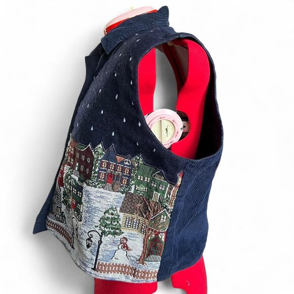 Snow Village Holiday Embroidered Christmas Vest With Button Closure & Collar - Picture 6 of 7